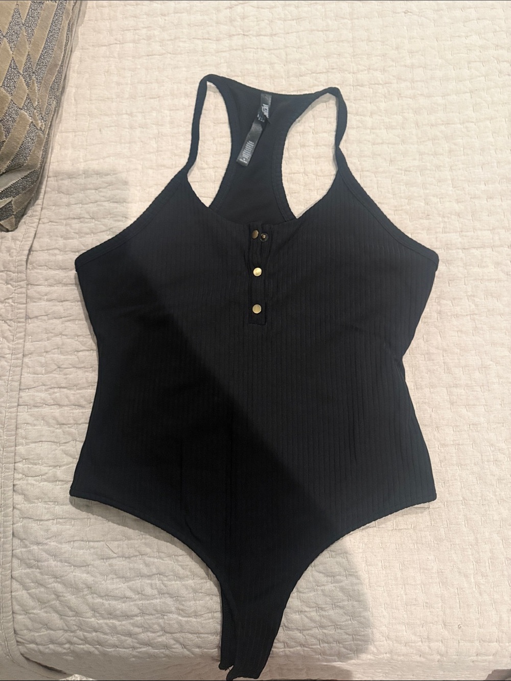 Womens Black Ribbed Racerback One-Piece Bodysuit with Snap Front